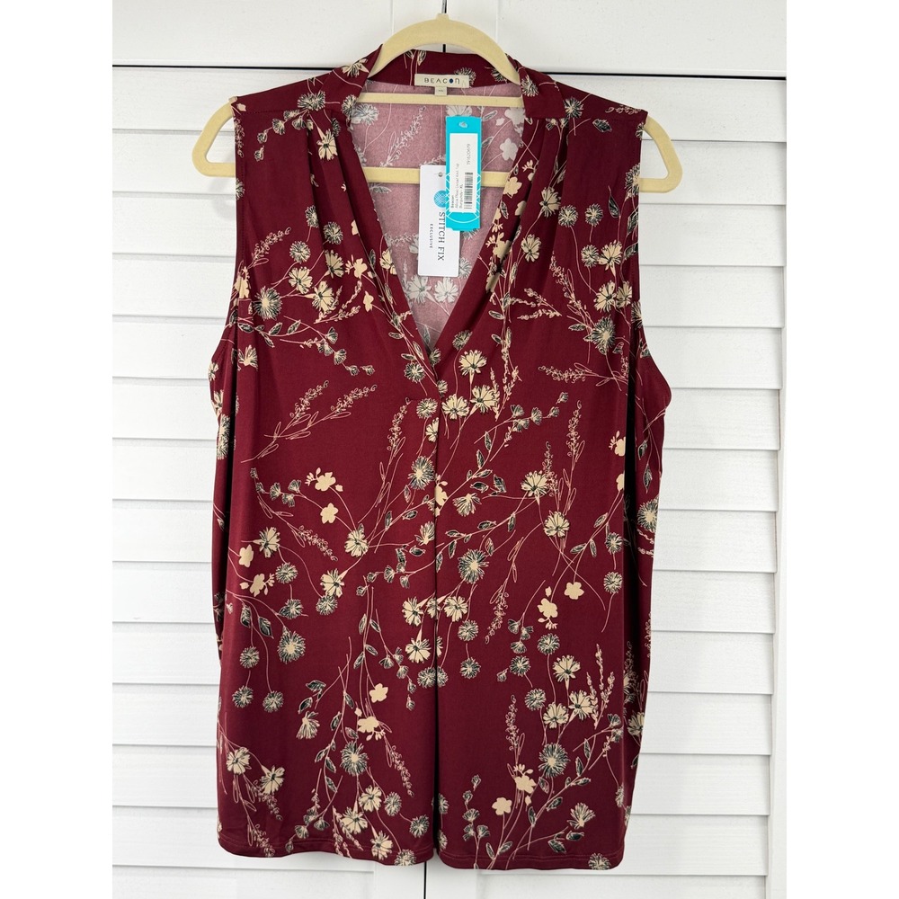 Beacon Pleat Detail Knit Top XL Burgundy Floral Sleeveless NEW